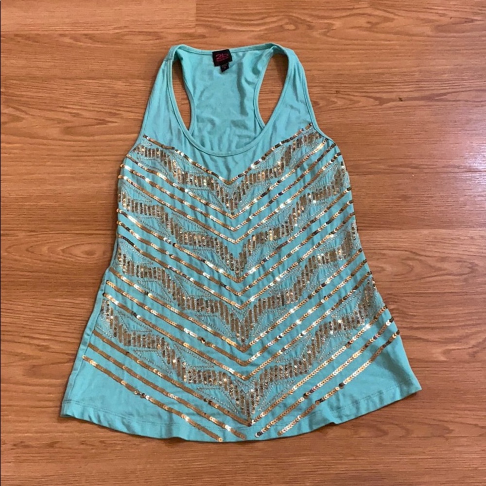 Mint green and gold sequence top